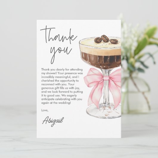 Pink Bow Espresso Martini Brautparty Vielen Dank Dankeskarte (Stehend Vorderseite)