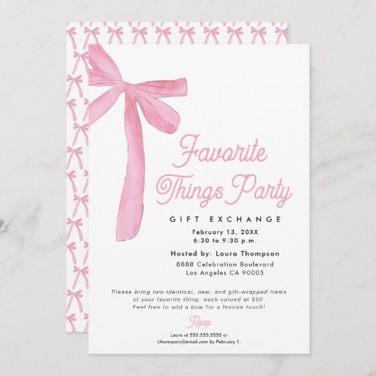 Pink Bow Favorite Things Party Gift Exchange Einladung (Vorne/Hinten)