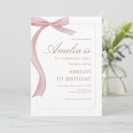 Pink Bow First Birthday Invitation Watercolor Einladung (Stehend Vorderseite)