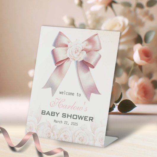 Pink Bow Floral Baby Dusche Begrüßungszeichen Sockelschild