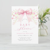 Pink Bow Floral Baby Dusche Einladung (Stehend Vorderseite)