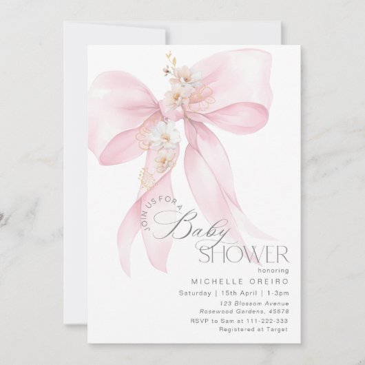 Pink Bow Floral Baby Dusche Einladung (Vorderseite)