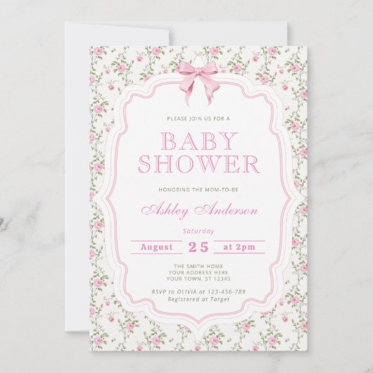 Pink Bow Floral Baby Dusche Einladung (Vorderseite)