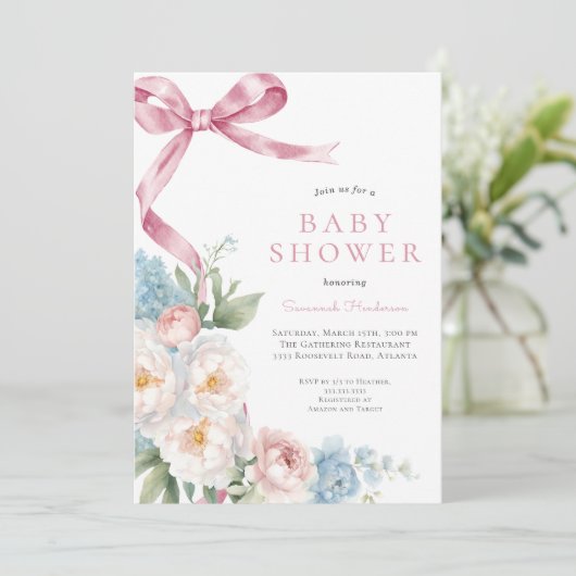 Pink Bow Floral Baby Dusche Einladung (Stehend Vorderseite)