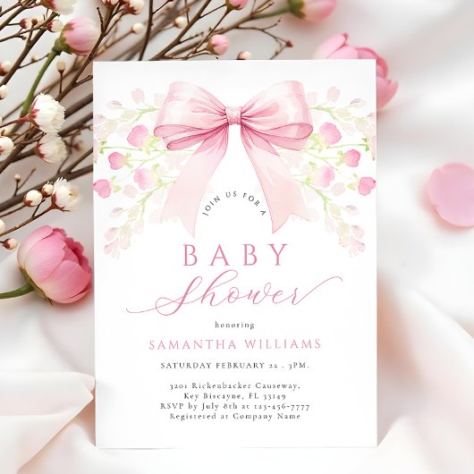 Pink Bow Floral Baby Dusche Einladung