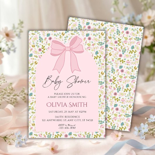 Pink Bow Floral Baby Shower Einladung