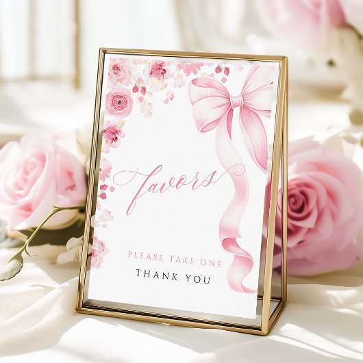 Pink Bow Floral Baby Shower Favors Table Sign Poster
