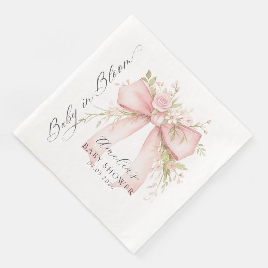 Pink Bow Floral Baby Shower Paper Napkin Serviette (Ecke)