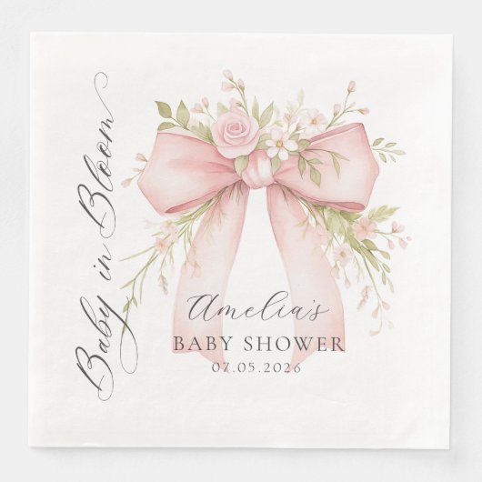 Pink Bow Floral Baby Shower Paper Napkin Serviette (Vorderseite)