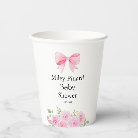 Pink Bow Floral Baby Shower Party Pappbecher (Vorderseite)
