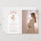 Pink Bow & Floral Bunny Baby Shower Photo Einladung (Vorderseite)