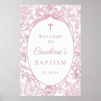 Pink Bow Floral Chinoiserie Baptism Welcome Sign Poster