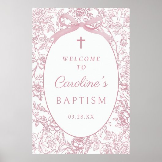 Pink Bow Floral Chinoiserie Baptism Welcome Sign Poster (Vorne)