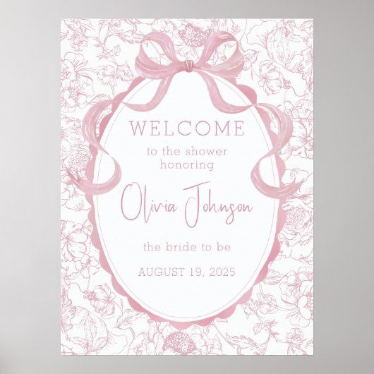 Pink Bow Floral Chinoiserie Bridal Shower Welcome Poster (Vorne)