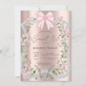 Pink Bow Floral Frame Rose Gold Sweet 16 Einladung (Vorderseite)