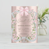 Pink Bow Floral Frame Rose Gold Sweet 16 Einladung (Stehend Vorderseite)