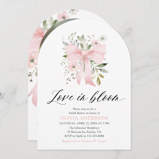 Pink Bow Floral Liebe im Bloom Arch Brautparty Einladung (Vorne/Hinten)