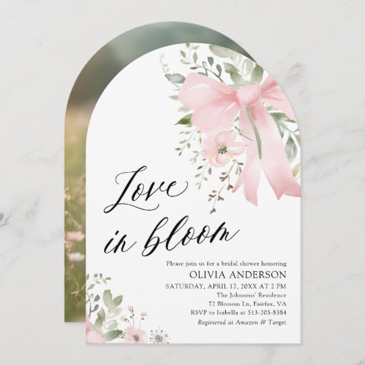 Pink Bow Floral Liebe im Bloom Arch Brautparty Einladung (Vorne/Hinten)