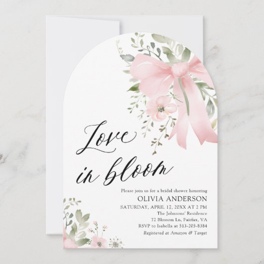 Pink Bow Floral Liebe im Bloom Arch Brautparty Einladung (Vorderseite)