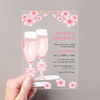 Pink Bow Floral Petals and Prosecco Bridal Shower  Acryleinladungen