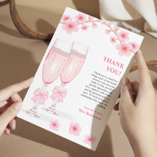 Pink Bow Floral Petals and Prosecco Bridal Shower  Dankeskarte