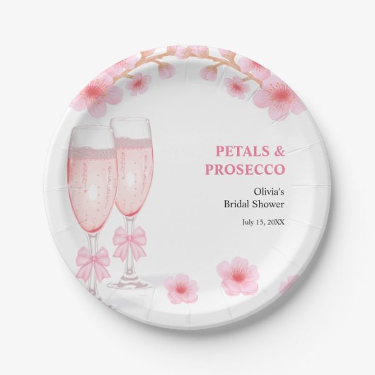 Pink Bow Floral Petals and Prosecco Bridal Shower Pappteller (Vorderseite)