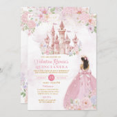 Pink Bow Floral Princess Royal Castle Quinceañera Einladung (Vorne/Hinten)