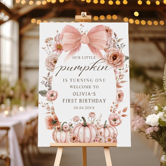 Pink Bow Floral Pumpkin Birthday Welcome Poster