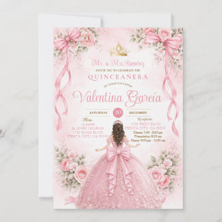 Pink Bow Floral Quinceañera Sweet 16 Einladung
