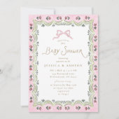 Pink Bow Floral Scalloped Frame Baby Shower Einladung (Vorderseite)