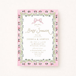 Pink Bow Floral Scalloped Frame Baby Shower  Einladung