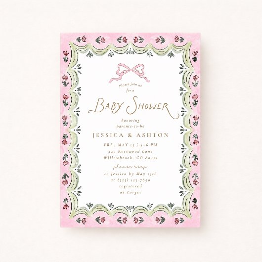 Pink Bow Floral Scalloped Frame Baby Shower  Einladung