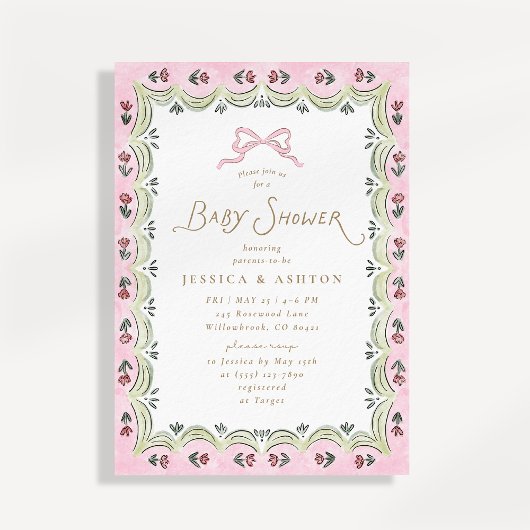 Pink Bow Floral Scalloped Frame Baby Shower  Einladung