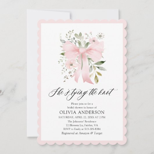 Pink Bow Floral Sie bindet das Brautparty des Knot Einladung (Vorderseite)