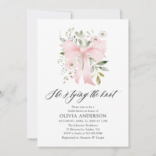 Pink Bow Floral Sie bindet das Brautparty des Knot Einladung (Vorderseite)