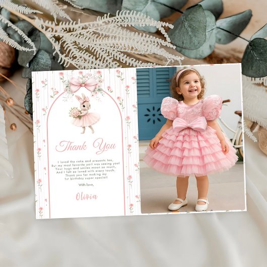 Pink Bow & Floral Some Bunny is One 1st Birthday Dankeskarte
