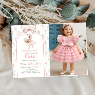 Pink Bow & Floral Some Bunny is One 1st Birthday Einladung