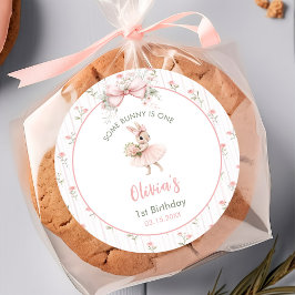 Pink Bow & Floral Some Bunny is One 1st Birthday Runder Aufkleber