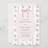 Pink Bow Floral Stripe Baby Shower Einladung (Vorderseite)