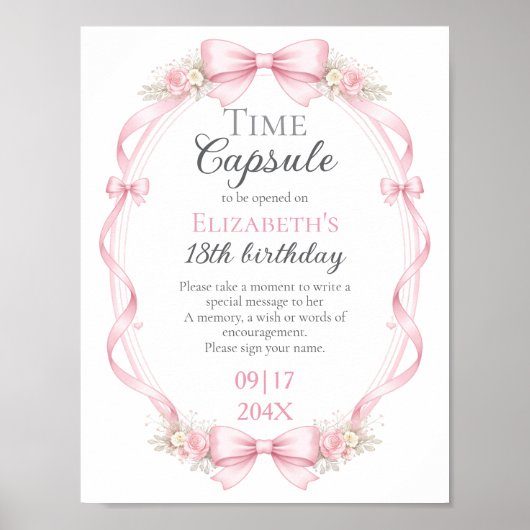 Pink Bow Floral Time Capsule Sign 1st Birthday Poster (Vorne)