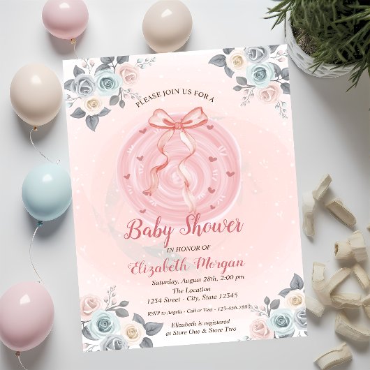 Pink Bow Floral Watercolor Babydusche Einladung