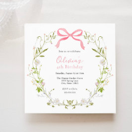 Pink Bow Floral Wreath Girl Geburtstag Einladung