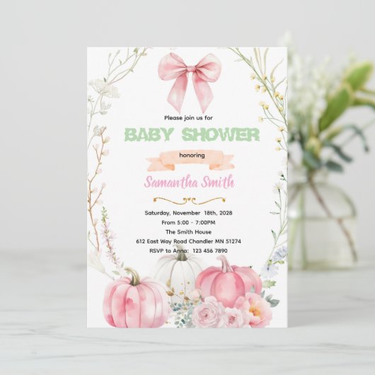 Pink Bow flower pumpkin Invitation Einladung (Stehend Vorderseite)