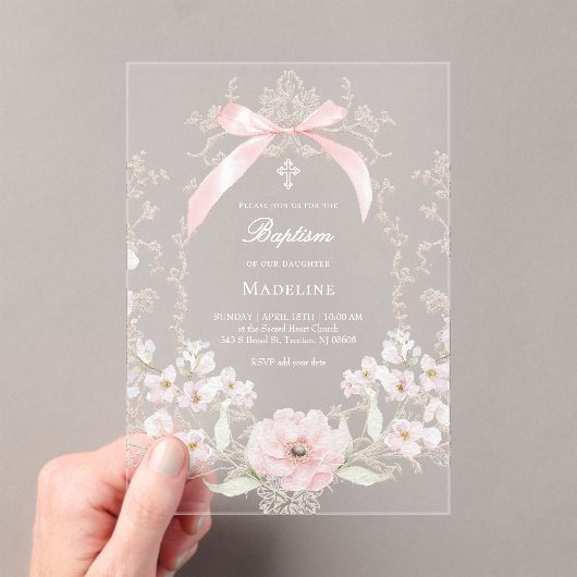  pink bow flowers frame Baptism Acryleinladungen (Insitu (Handheld))