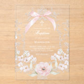  pink bow flowers frame Baptism Acryleinladungen (Vorderseite)