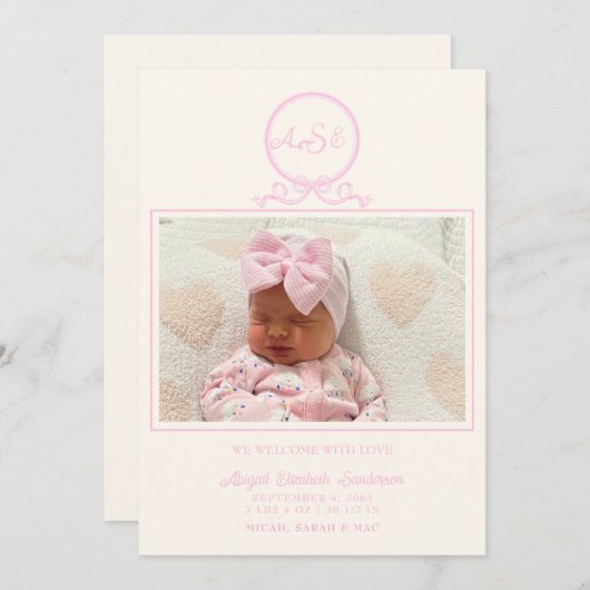Pink Bow Foto Geburtserklärung Einladung (Vorne/Hinten)