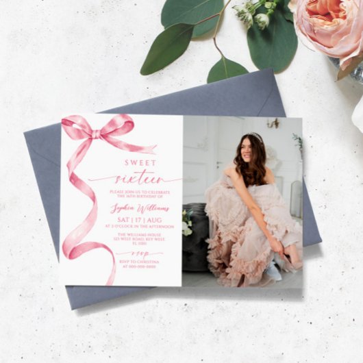 Pink Bow Foto Sweet 16 Birthday Einladung
