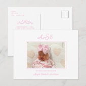 Pink Bow Foto White Birth Ankündigung Postkarte (Vorne/Hinten)