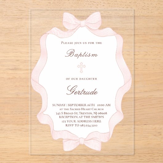 pink bow frame Baptism Acryleinladungen (Vorderseite)