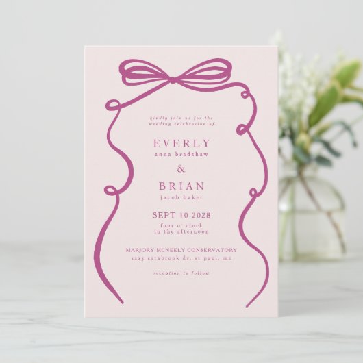 Pink Bow Frame Wedding Einladung (Stehend Vorderseite)